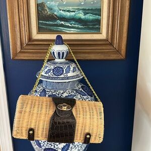 The Many Moods of Poppie Jones Vintage Wicker Purse Tan w/Black Faux Croc